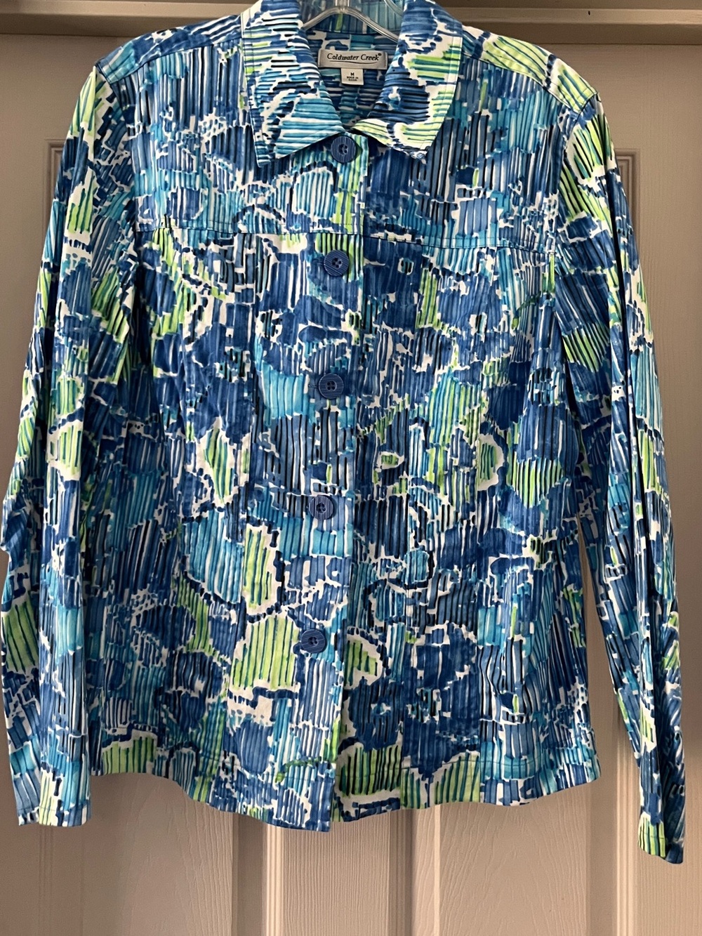 Coldwater Creek Blue, Green & White Abstract Collared Shirt Jacket size Medium